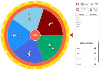A screenshot of the Wheel of Names interface